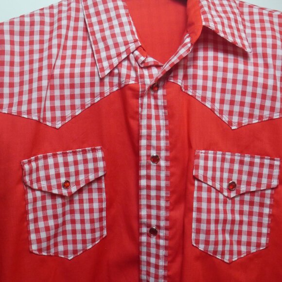 Vintage Red Western Shirt with Gingham Trim Pearl Snap Mens XL - Picture 5 of 16